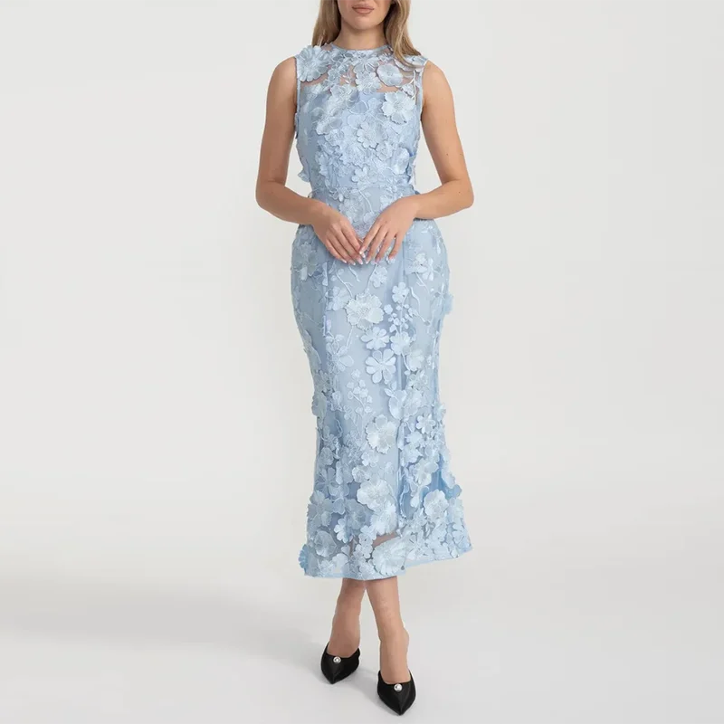 Light blue floral lace dress on a white background