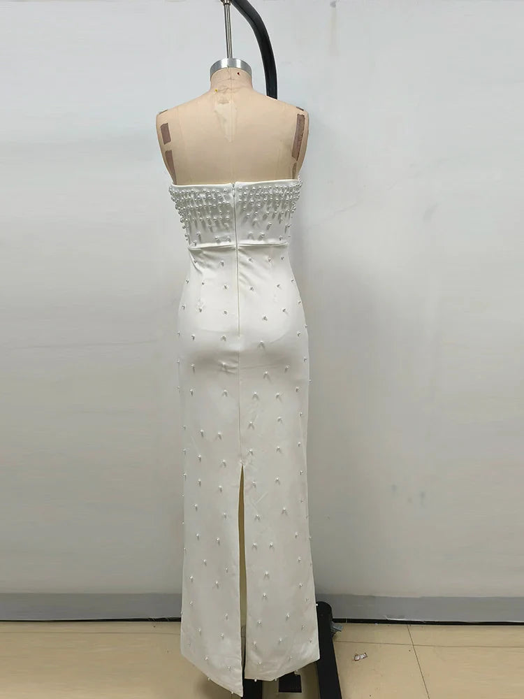 Strapless Pearl Beaded Gown – Elegant Slim-Fit Ankle-Length Dress