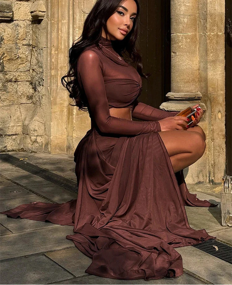 Brown Turtleneck Long Sleeve Mesh Cut Out Maxi Wrap Dress
