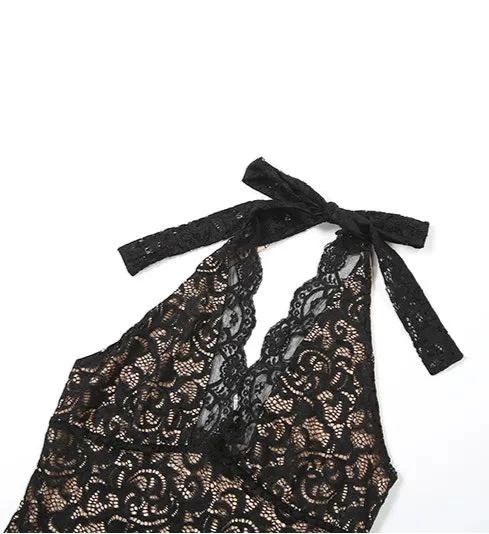 Black Lace Halter Mini Dress | Backless Night-Out Statement