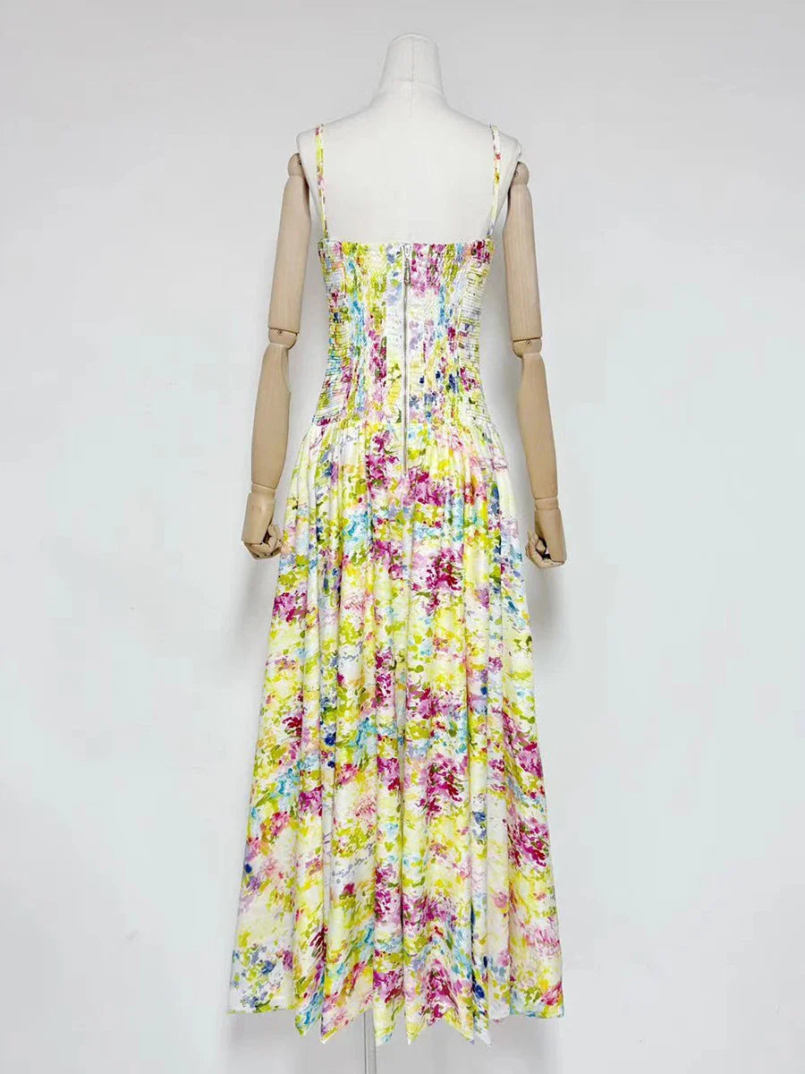 Printed Ruched Strapless Puff Hem Maxi Dress