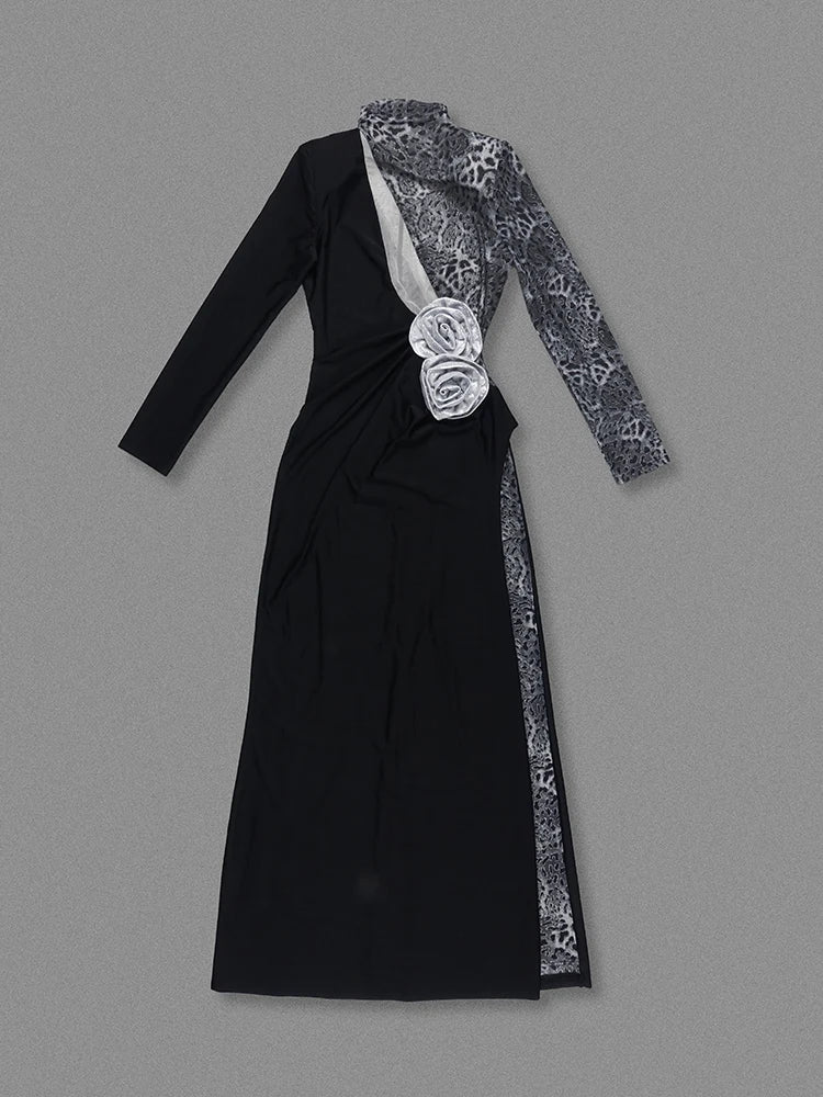 Black Leopard Patchwork Cutout Long Dress