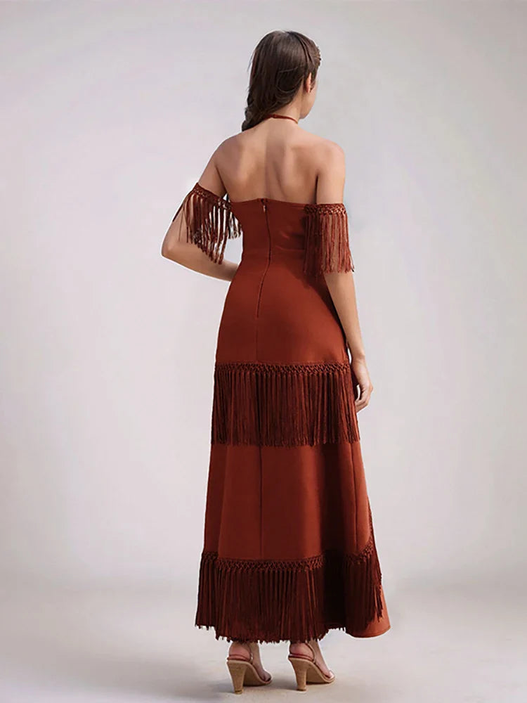 Fringe Halter Hollow Out Bandage Dress | Sleeveless Tassel Evening Gown