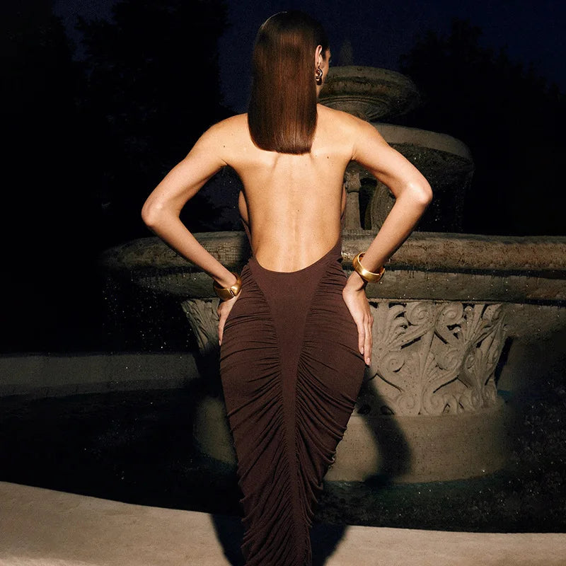 Brown Backless Ruched Dress | Sleeveless Night-Out Silhouette