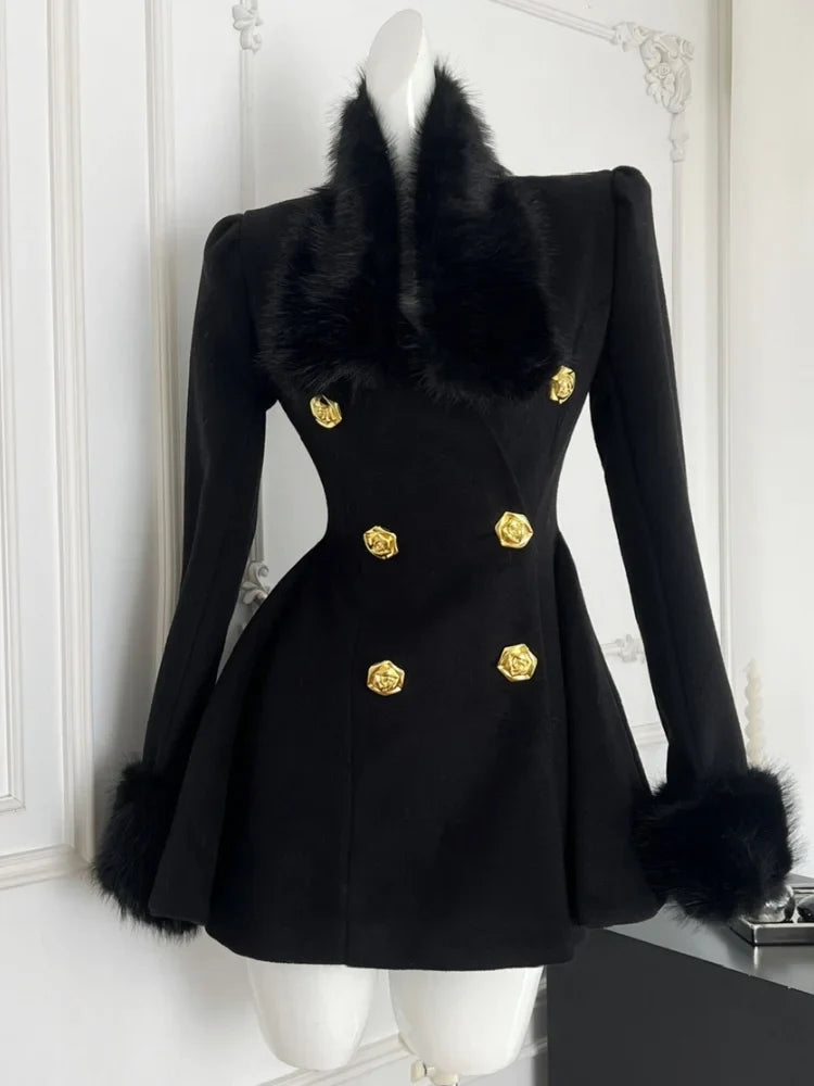 Faux Fur Collar Double-Breasted Wool Coat