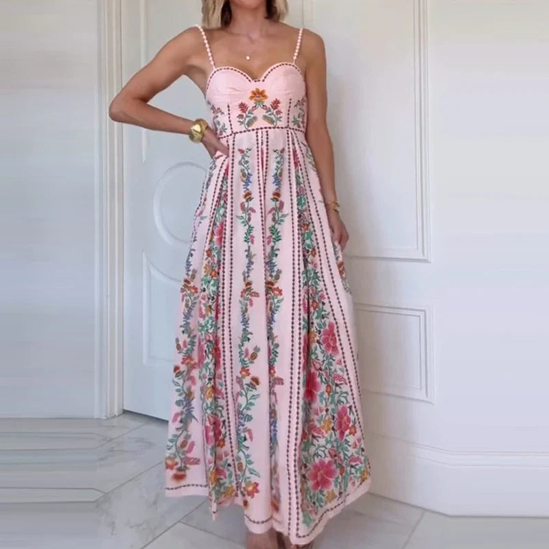 Floral Print Pleated Tube Top A-Line Maxi Dress with Low Cut Back