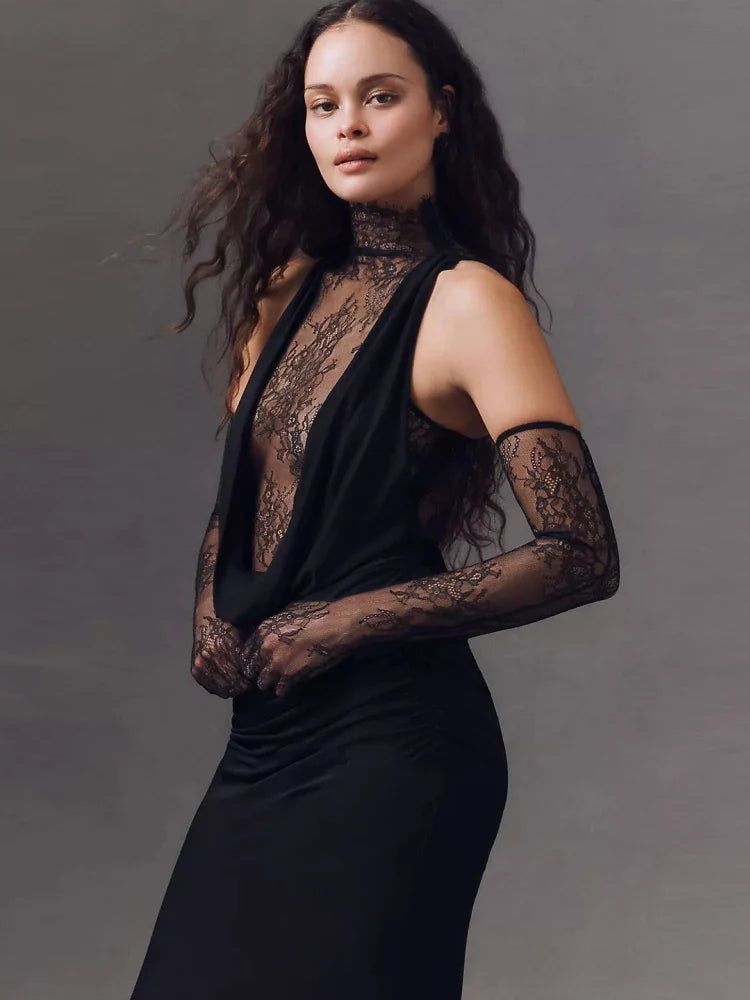 Black Lace Patchwork Turtleneck Long Dress with Gloves | Sheer Backless Evening Gown