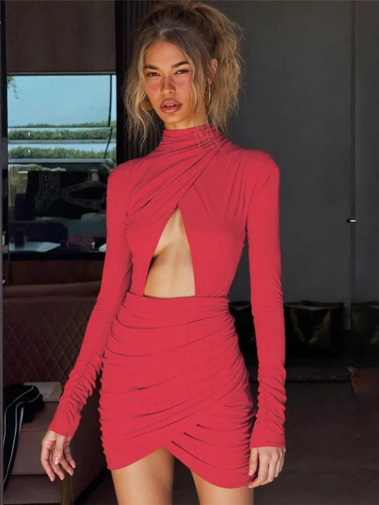 Red Ruched Padded Shoulder Long Sleeve Mini Dress