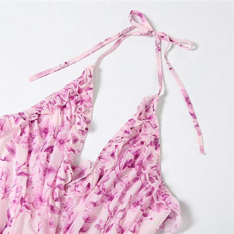 Pink Floral Halter Backless Long Dress – Elegant Summer Beach Evening Look