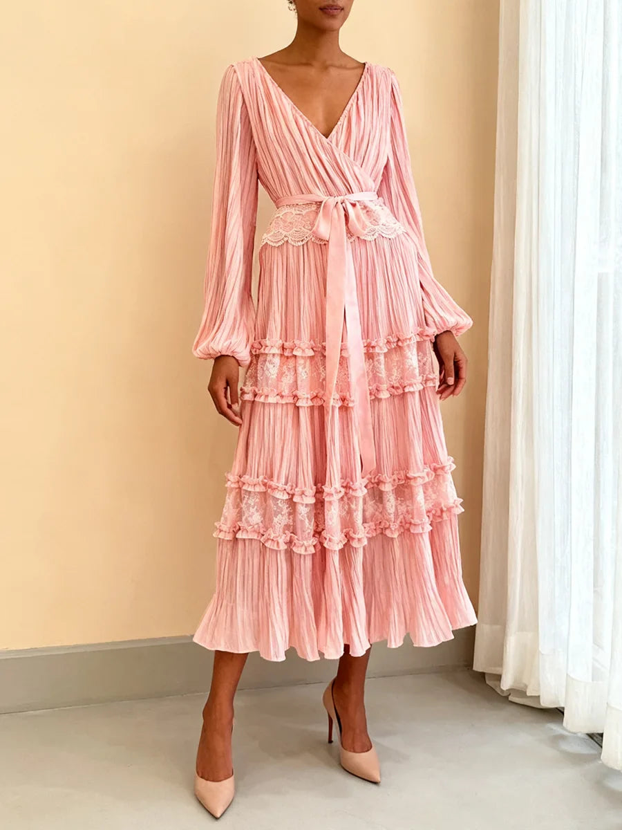 Long Sleeve V-Neck Lace Details Long Dress