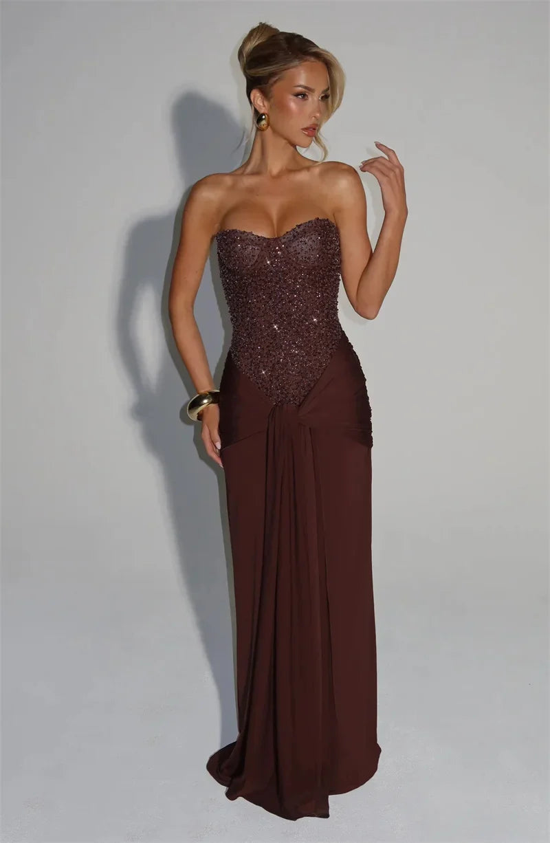 Sequin Strapless Draped Waist Evening Gown