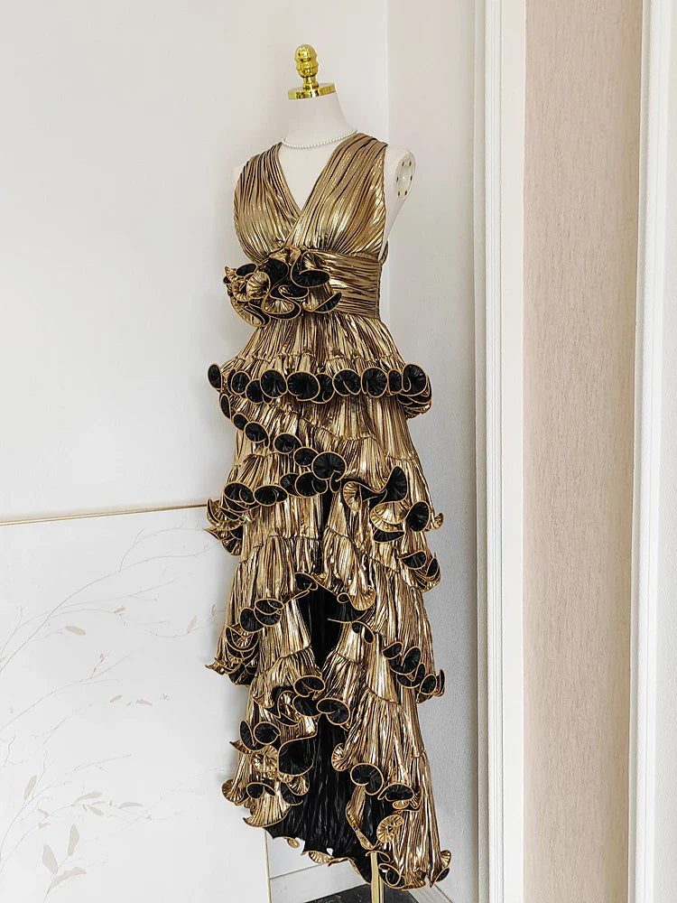 Metallic Tiered Halter Maxi Dress with Frill Layers