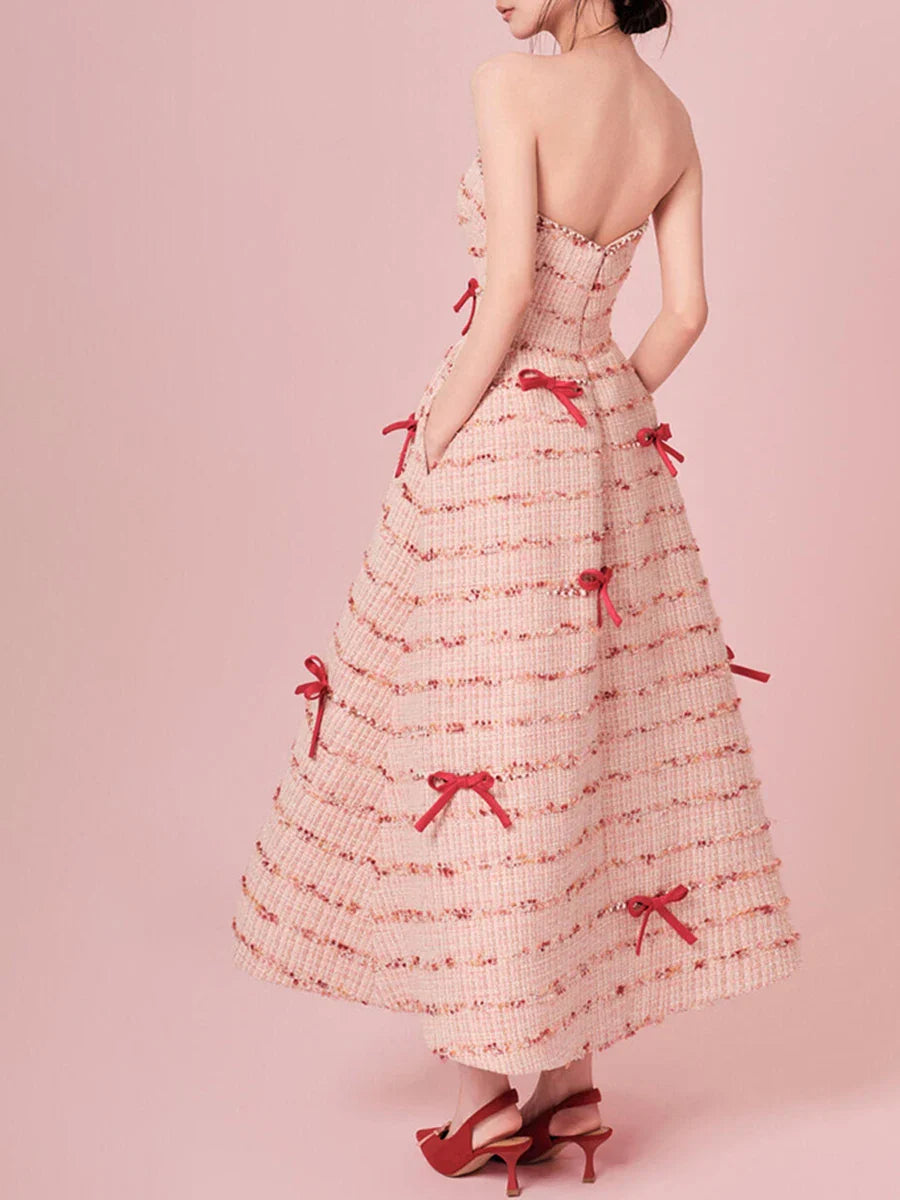 Pink Tweed Bowknots Strapless Maxi Dress