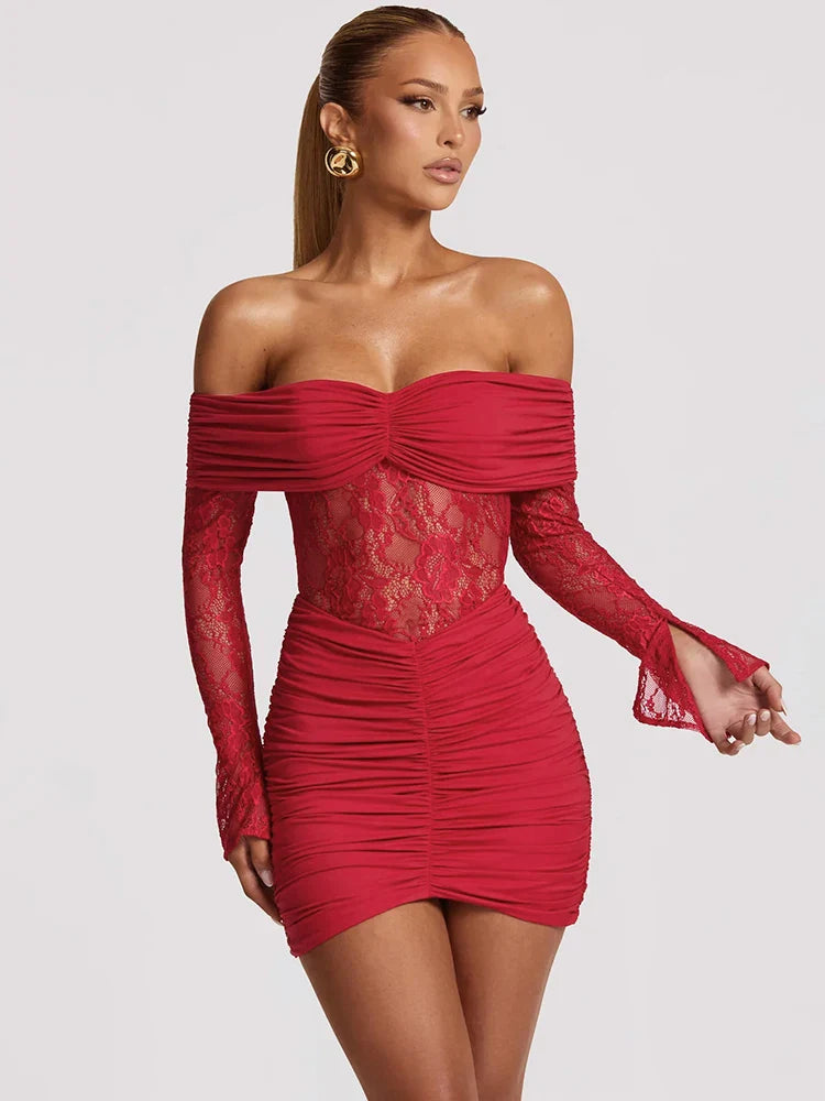 Off-Shoulder Lace Illusion Ruched Mini Dress