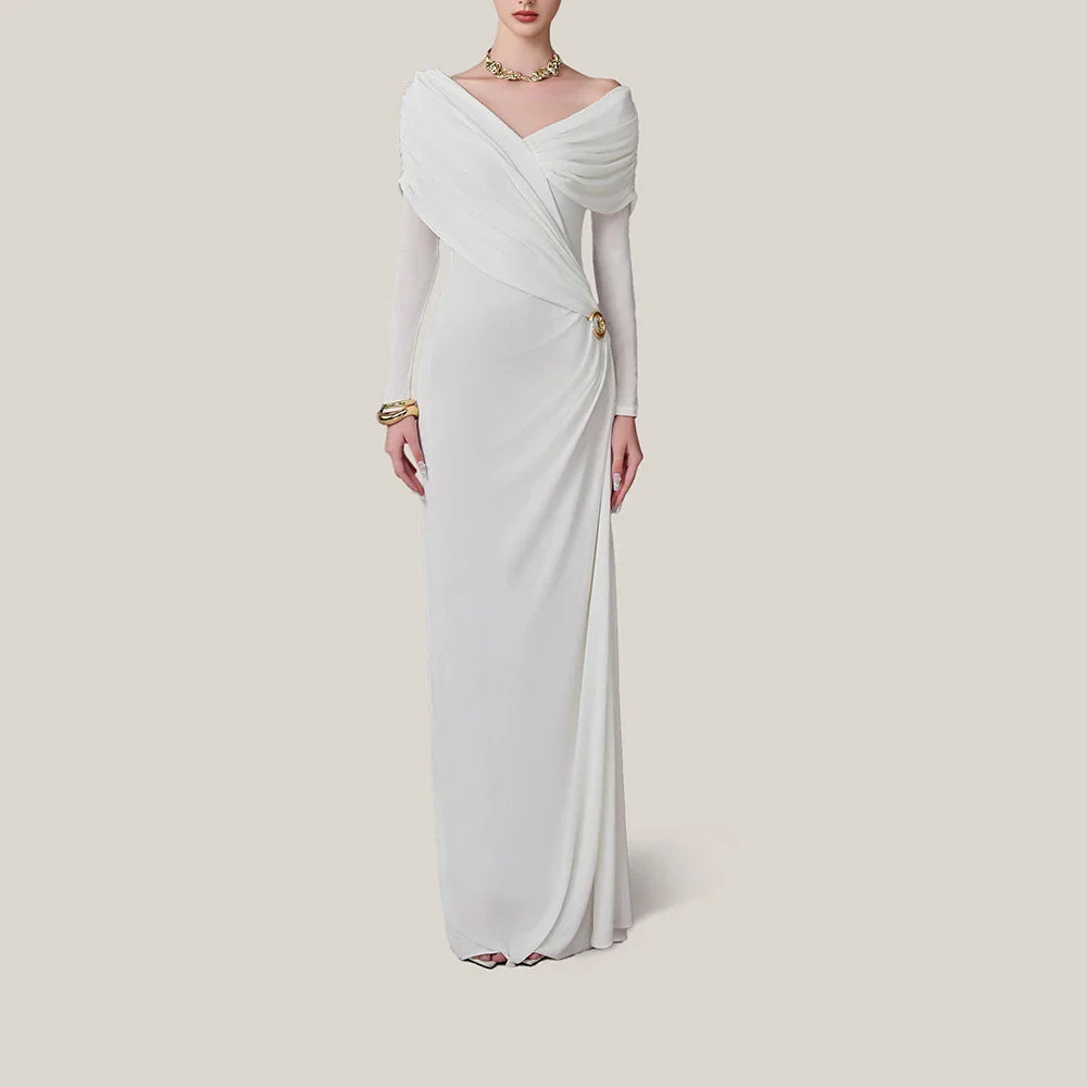 Long Sleeve Folds Gold Metal Moon Maxi Dress