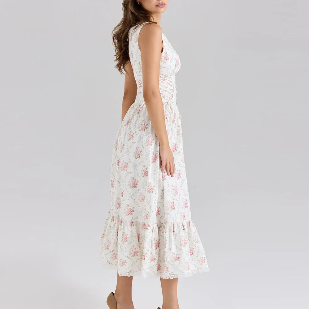 White Print Spliced Maxi Dress - Lace Up Slimming A-Line