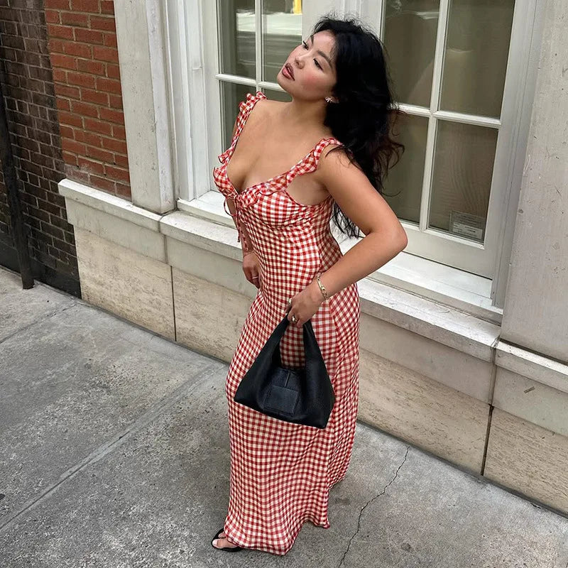 Red Gingham Lace-Up Maxi Dress | Picnic-to-Party Statement