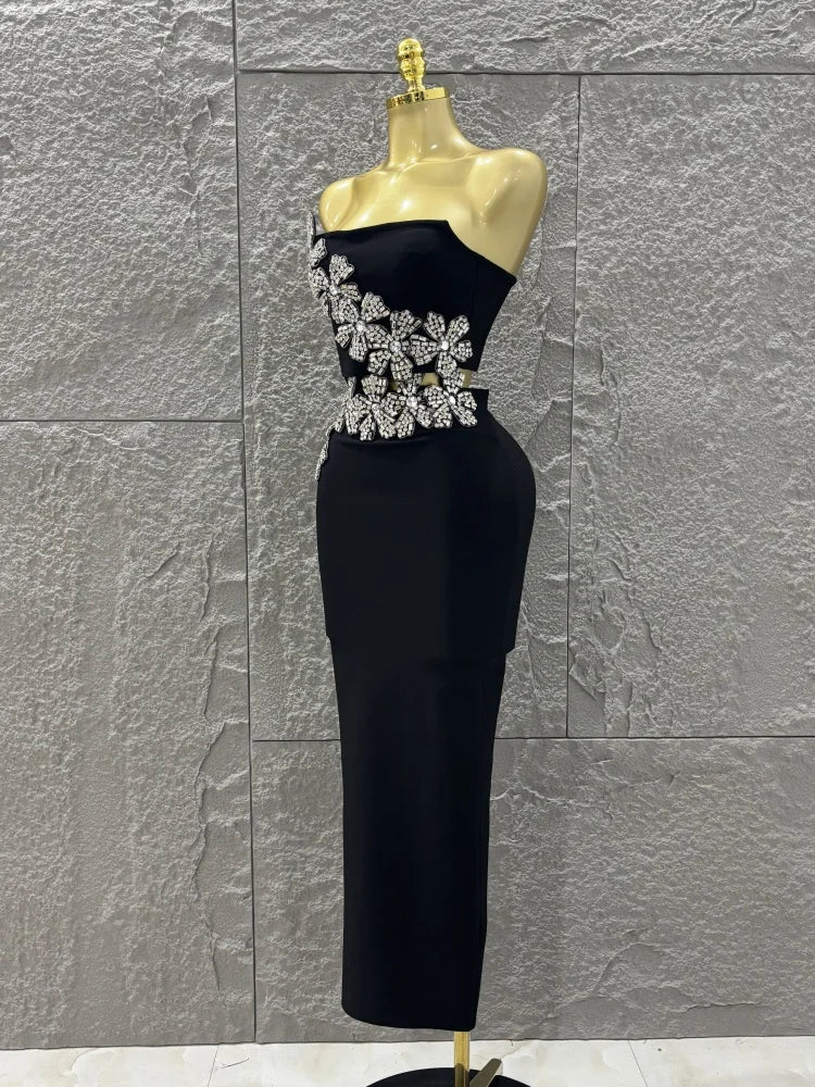 Black Diamond Flower Two-Piece Bodycon Long Dress