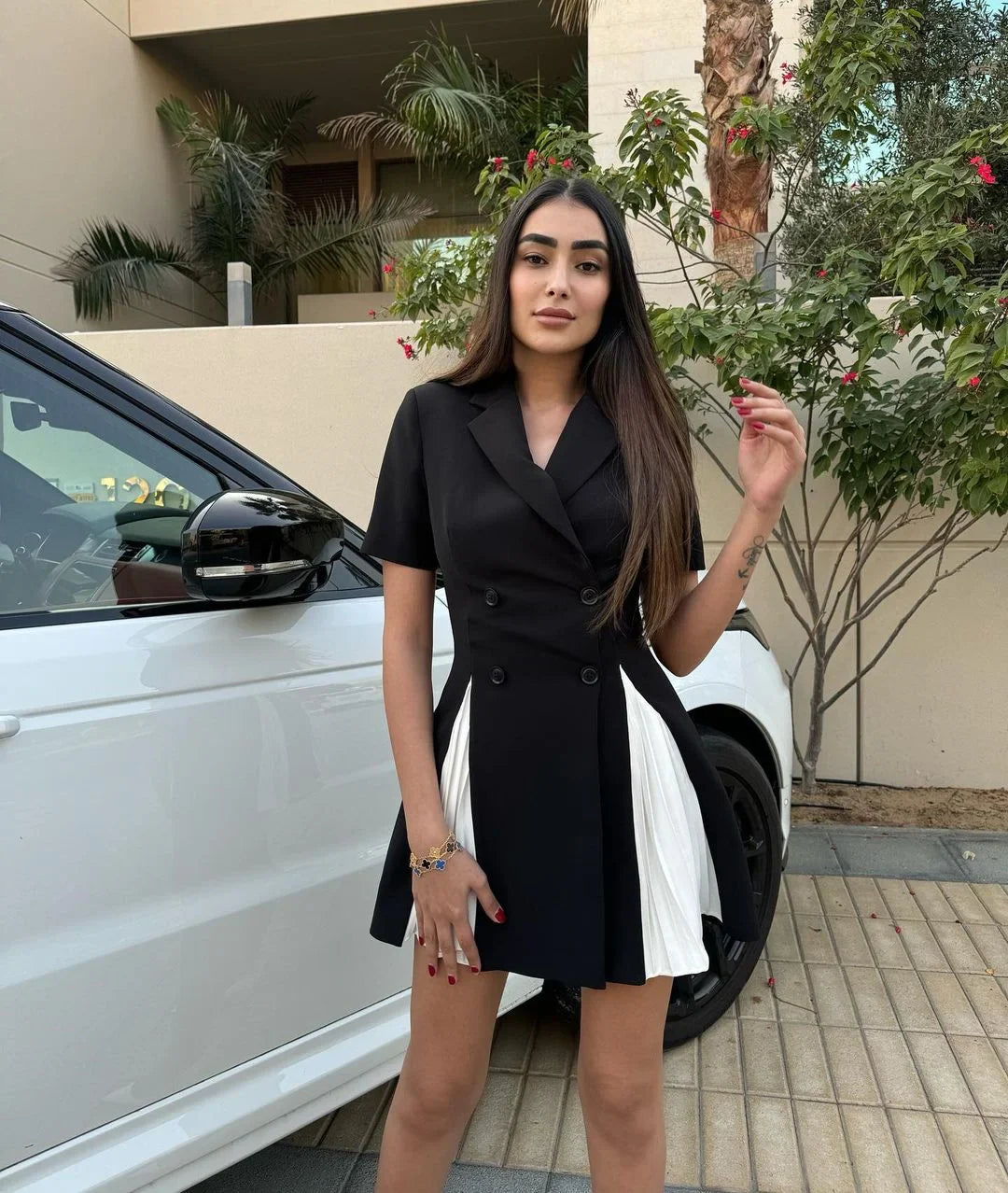 Two Tone Pleated Short Sleeve Blazer Mini Dress