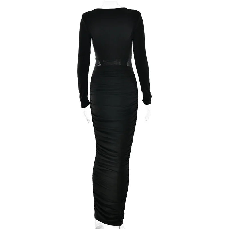 Deep V Neck Long Sleeve Cut Out Maxi Dress