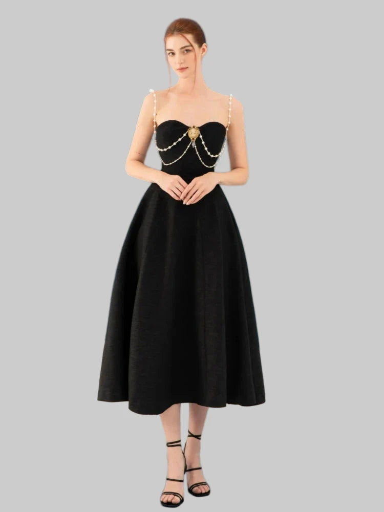Strapless Pearl-Chain A-Line Midi Gown