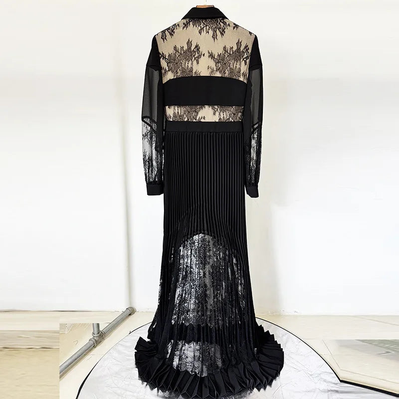Black Embroidery Lace Long Sleeve Maxi Formal Dress