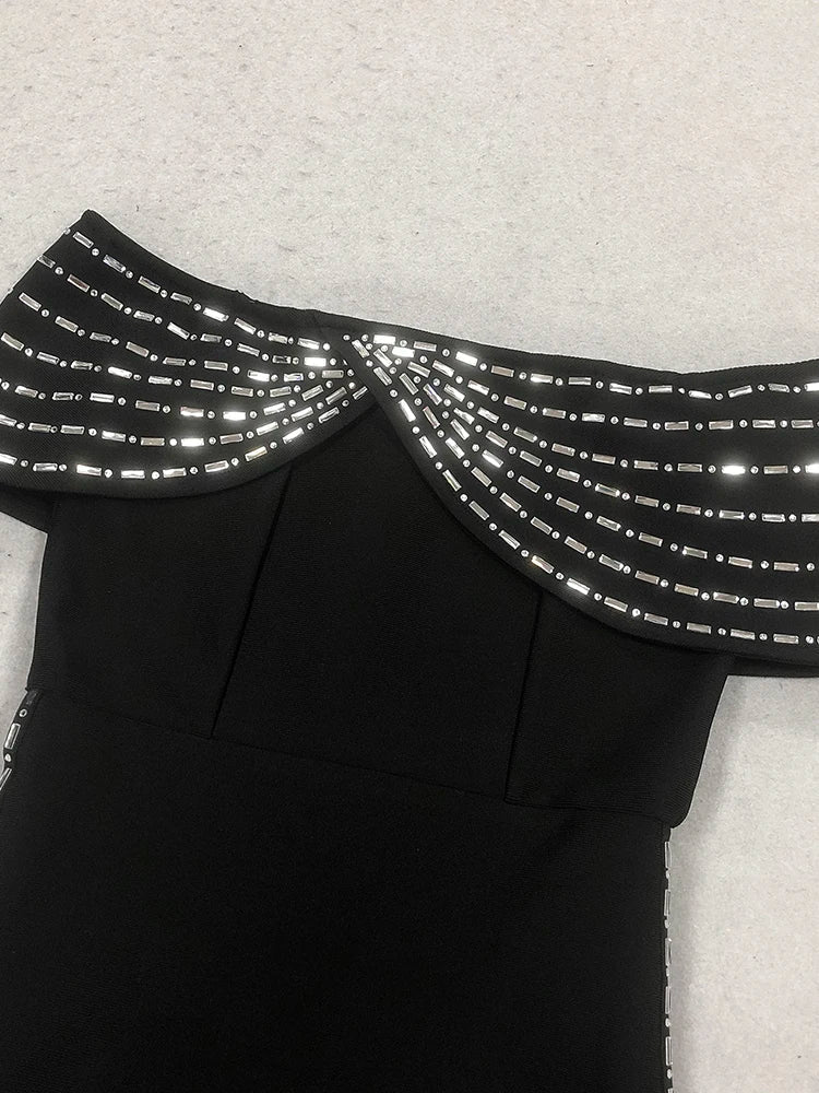 Black Crystal Beaded Off-Shoulder Bodycon Midi Dress – Elegant Sheath Gown