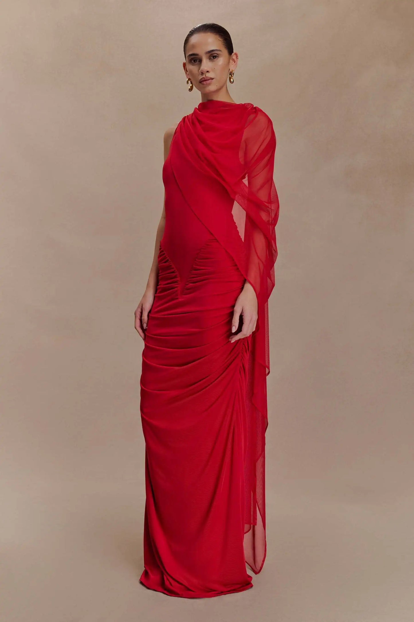 One Shoulder Shawl Drape Pleated Bodycon Long Dress