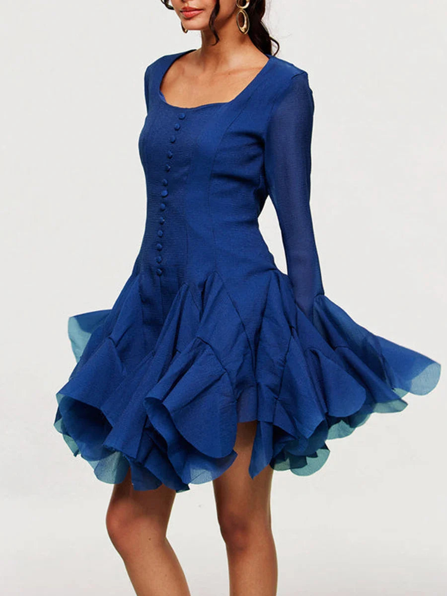 Royal Blue Ruffle Mini Dress with Long Sleeves
