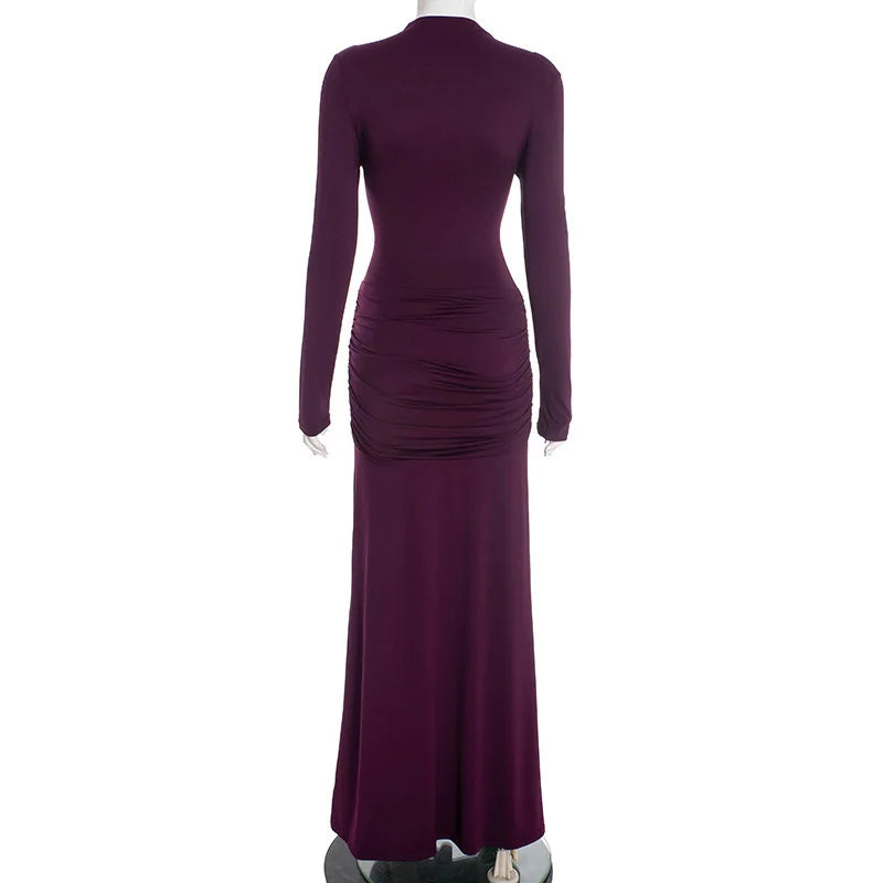Draped Cut-Out Long Sleeve Evening Maxi Dress