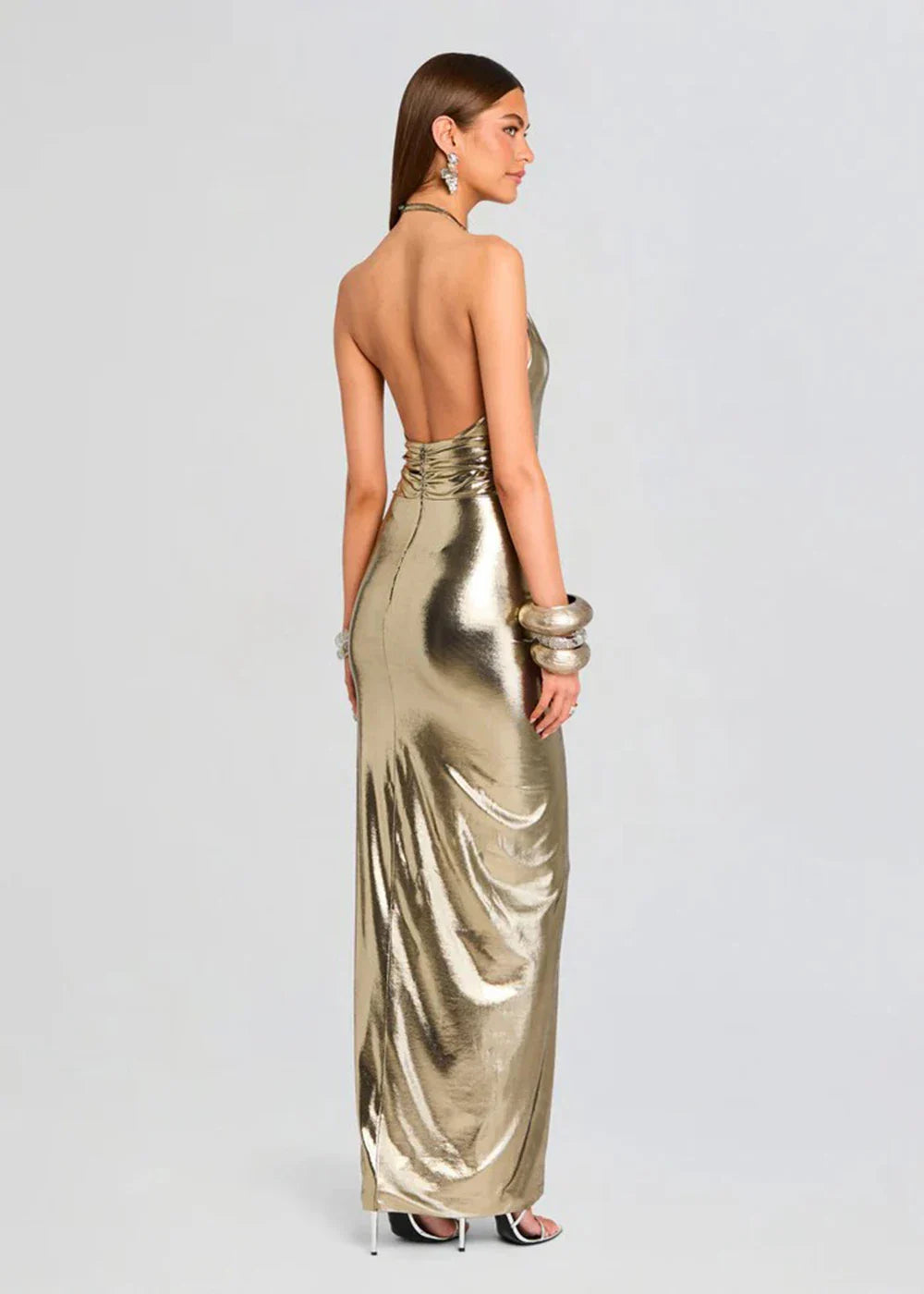Champagne Gold Hanging Neck Backless Slit Dress