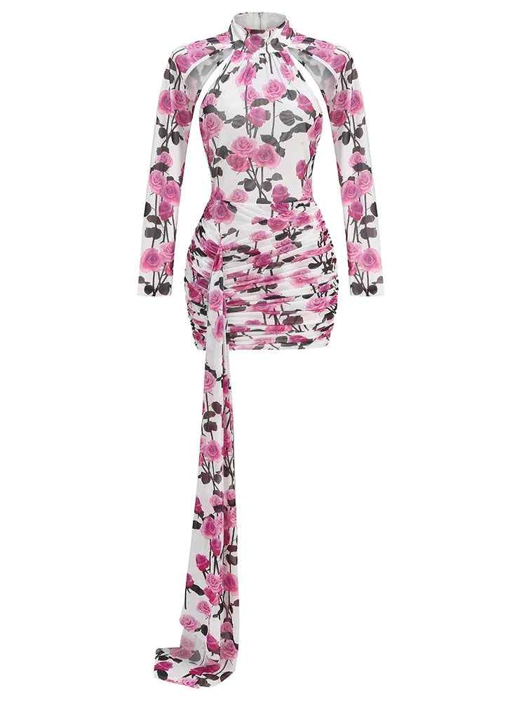 Floral dress with long sleeves on a white background.