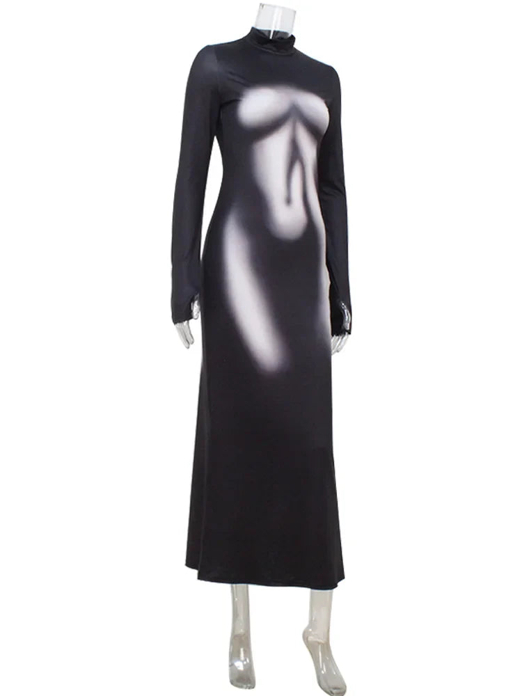 Black Illusion Body-Print Maxi Dress – Sleek Turtleneck Glam