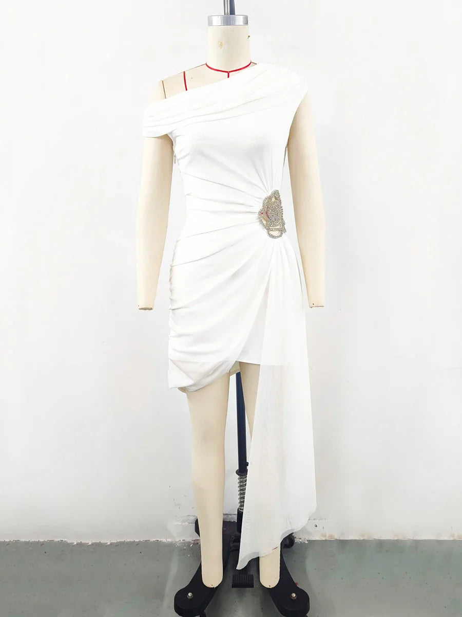 Diagonal Collar Vintage Patchwork Mini Dress with Sculpted Detail