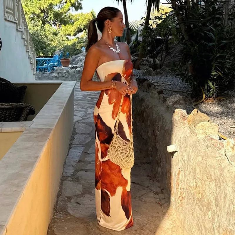 Elegant Strapless Abstract Print Maxi Dress