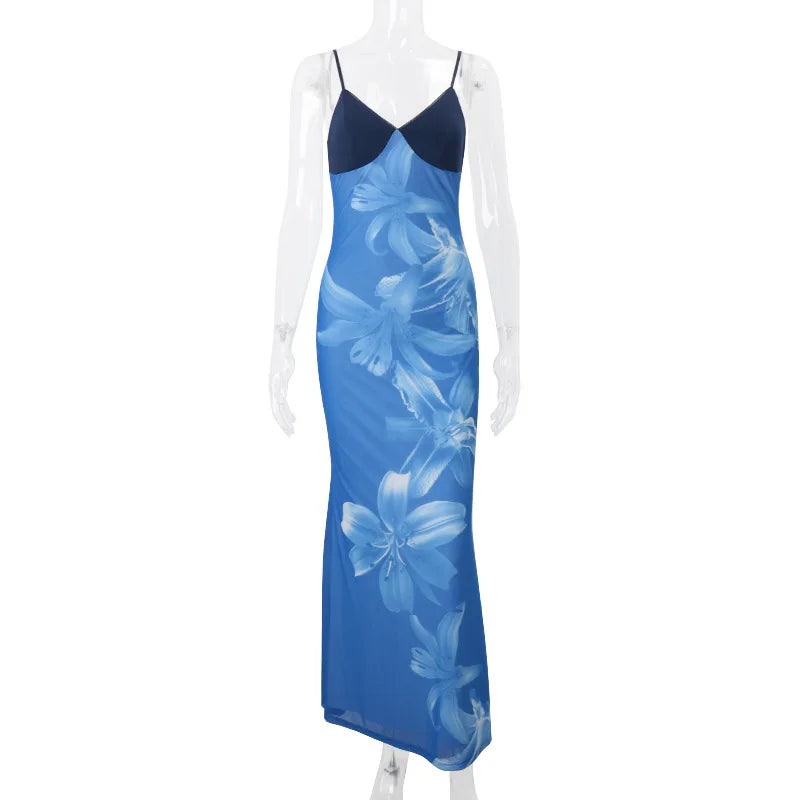 Blue Floral Backless Maxi Dress | Summer Spaghetti Strap