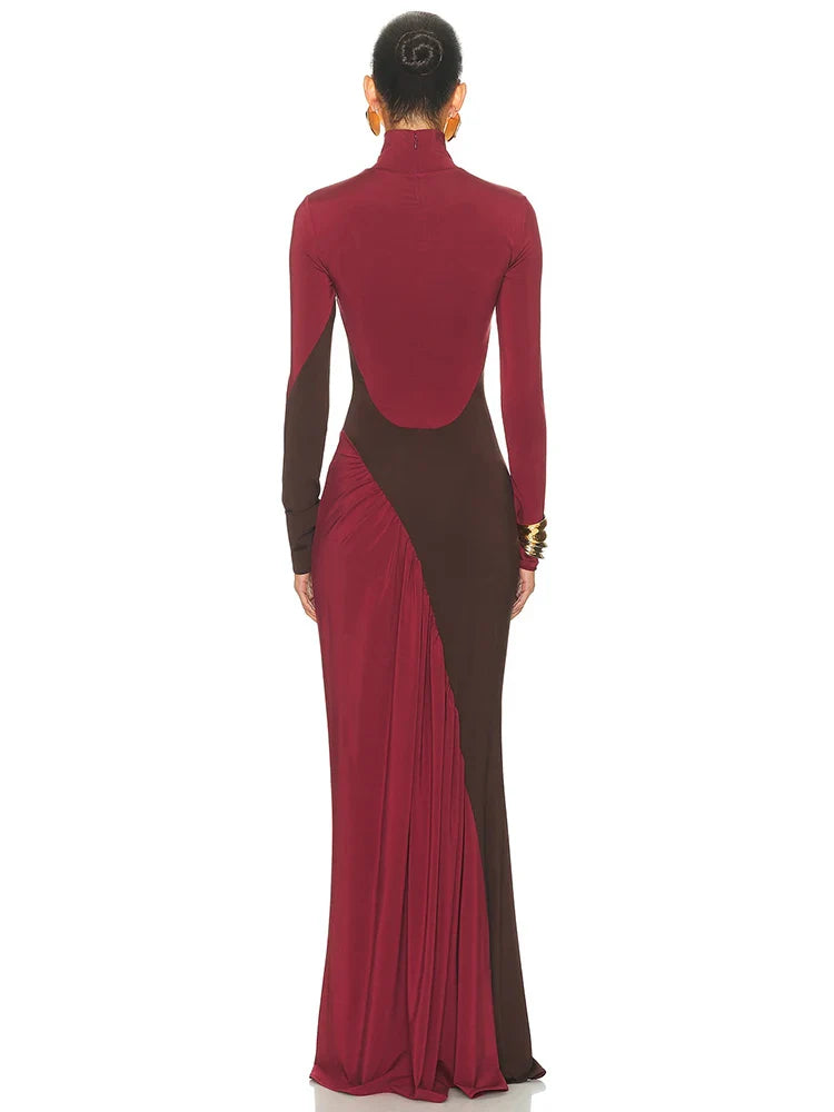 Turtleneck Long Sleeve Two Tone Pleated Maxi Dress