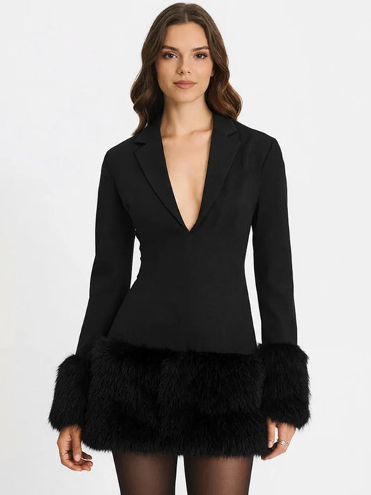Tailored blazer mini dress with soft fur trim 
