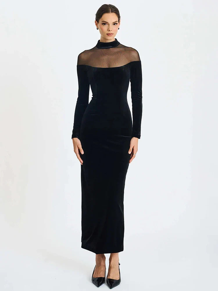 Black Velvet Sheer Off-Shoulder Evening Maxi Dress