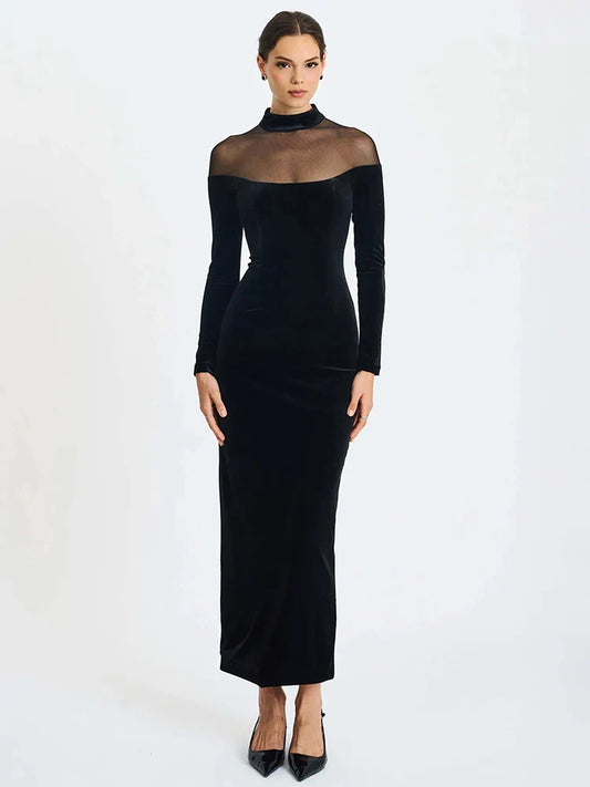Black Velvet Sheer Off-Shoulder Evening Maxi Dress