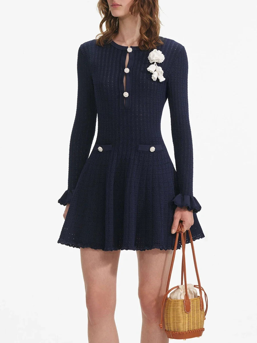 Knit Flower Appliqué Long Sleeve Mini Dress