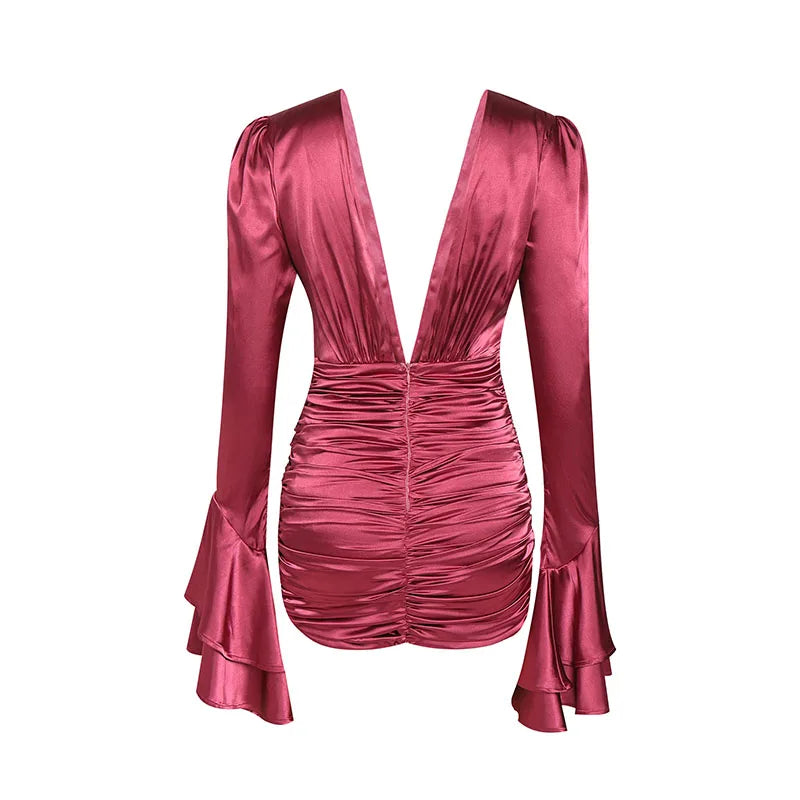 Satin Deep V Neck Mini Dress with Flared Sleeves