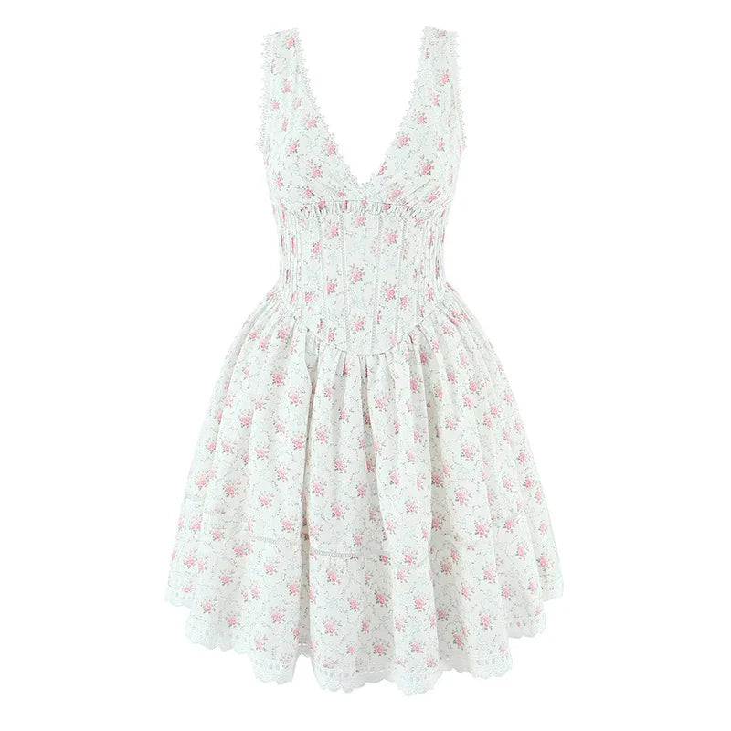 White Floral Print Mini Dress - Backless V-Neck Sundress
