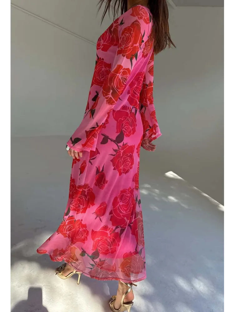 Poppy Floral Long-Sleeve Maxi Dress, Blue, Red