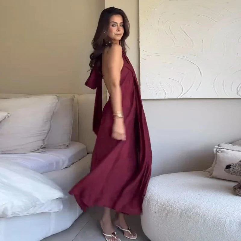 Burgundy Halter Neck Backless Slit Dress – Elegant Loose-Fit Holiday & Beach Dress for Women