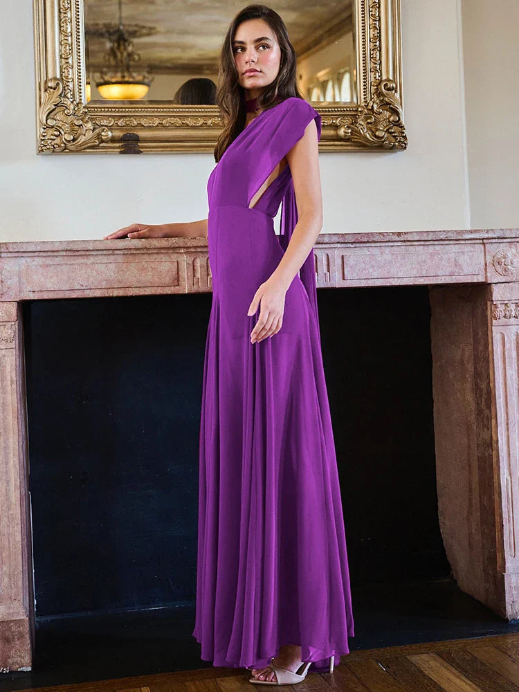 Purple Deep V Neck Scarf High Split Maxi Dress