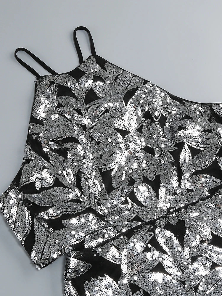 Silver Floral Sequin Halter Gown – Elegant Evening Dress