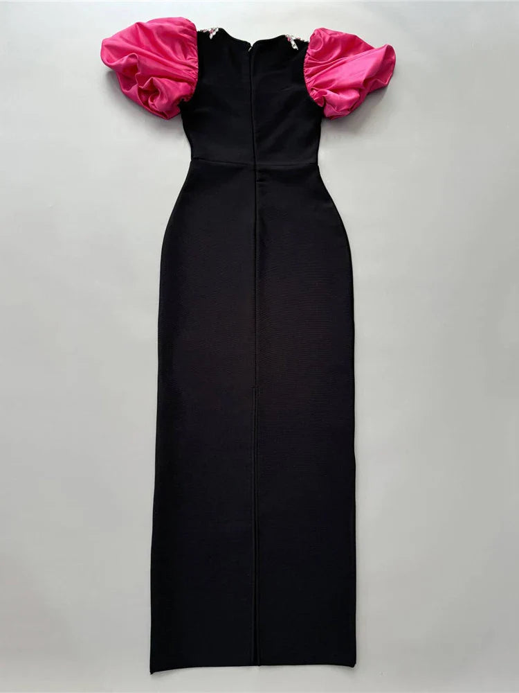 Black Dress with Pink Puff Sleeves - Square Neck Diamond Beaded Bandage Dress