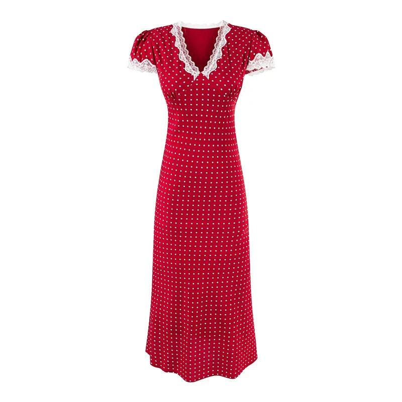 Red Polka Dot Midi Dress - Lace Trim V-Neck Holiday Robe