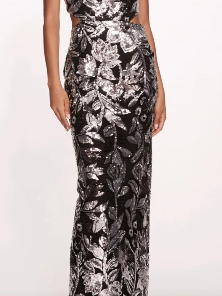 Silver Floral Sequin Halter Gown – Elegant Evening Dress
